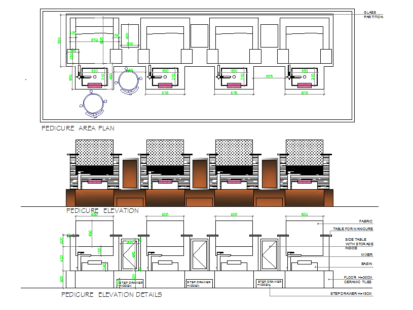 Pedicure area plan & Elevation design