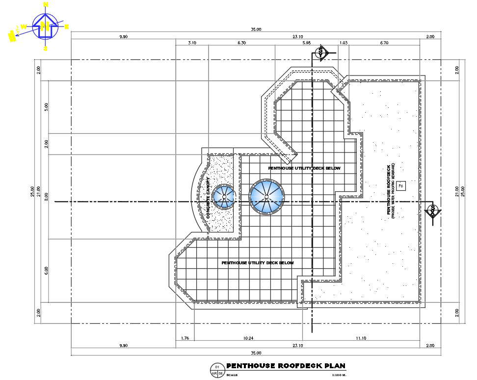 Penthouse roof deck plan has given in the form of Autocad 2D DWG drawing file.   Download the autocad DWG file.