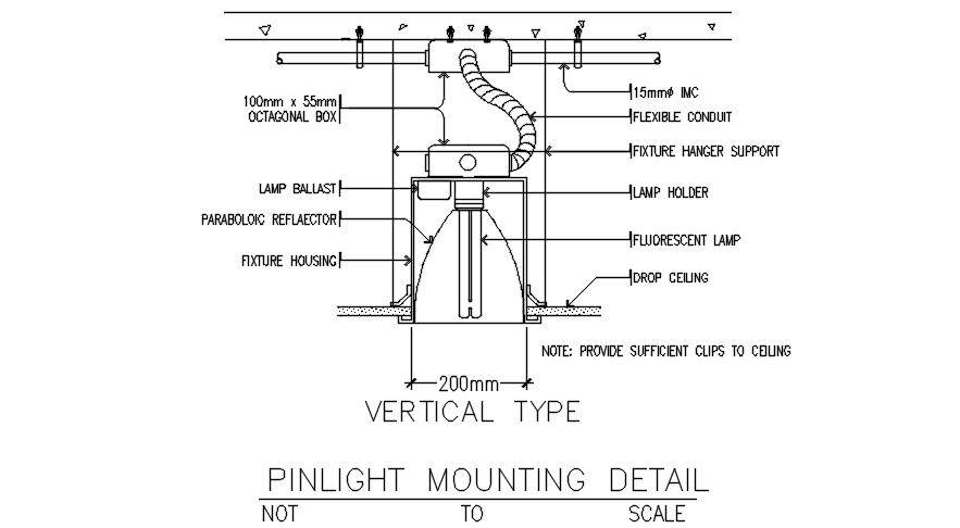 Pinlight mounting detail drawing derived in this Autocad file.  Download this 2d AutoCAD drawing file.