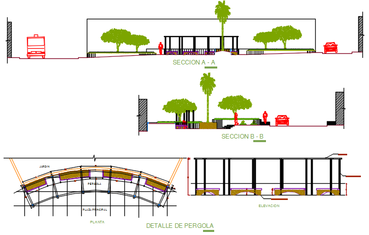 Plan, Elevation and section detail of the land sceping garden area sitting plan detail dwg file,