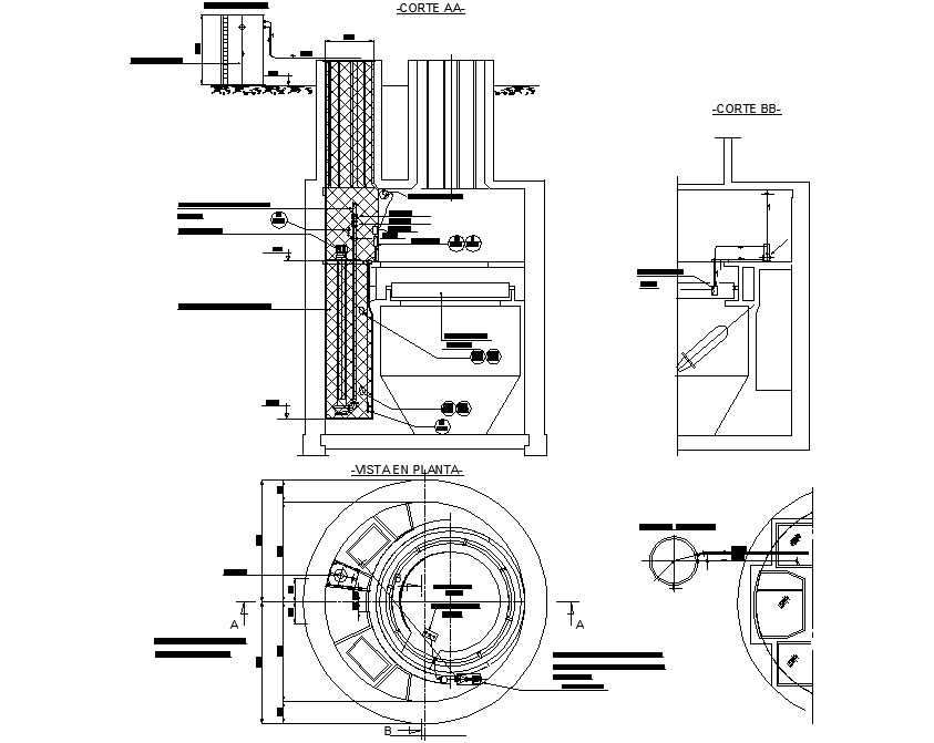 Plan, elevation and section Water circuit in steel planet 3 side detail dwg file