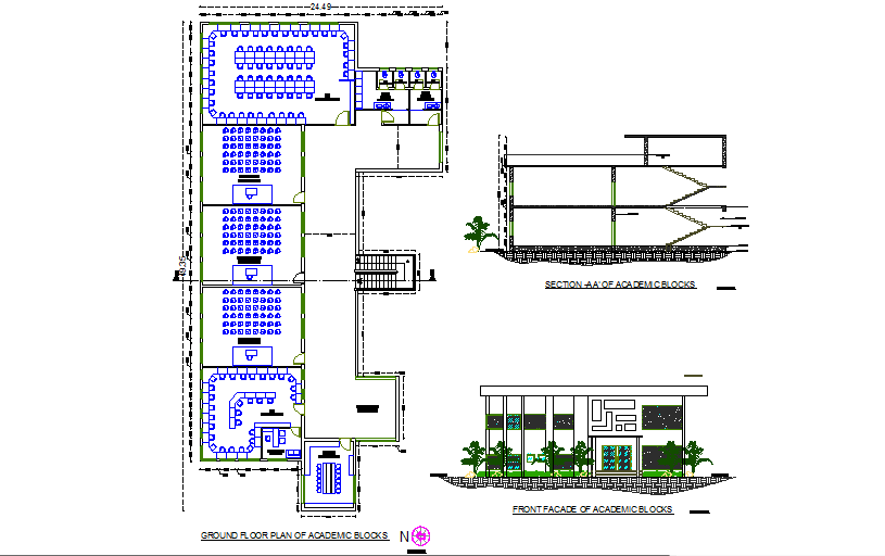 Plan, elevation and section college detail  dwg file