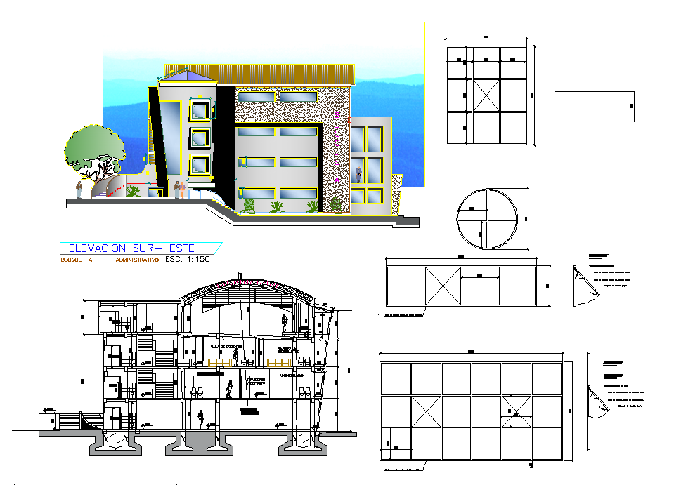 Plan, elevation and section detail dwg file