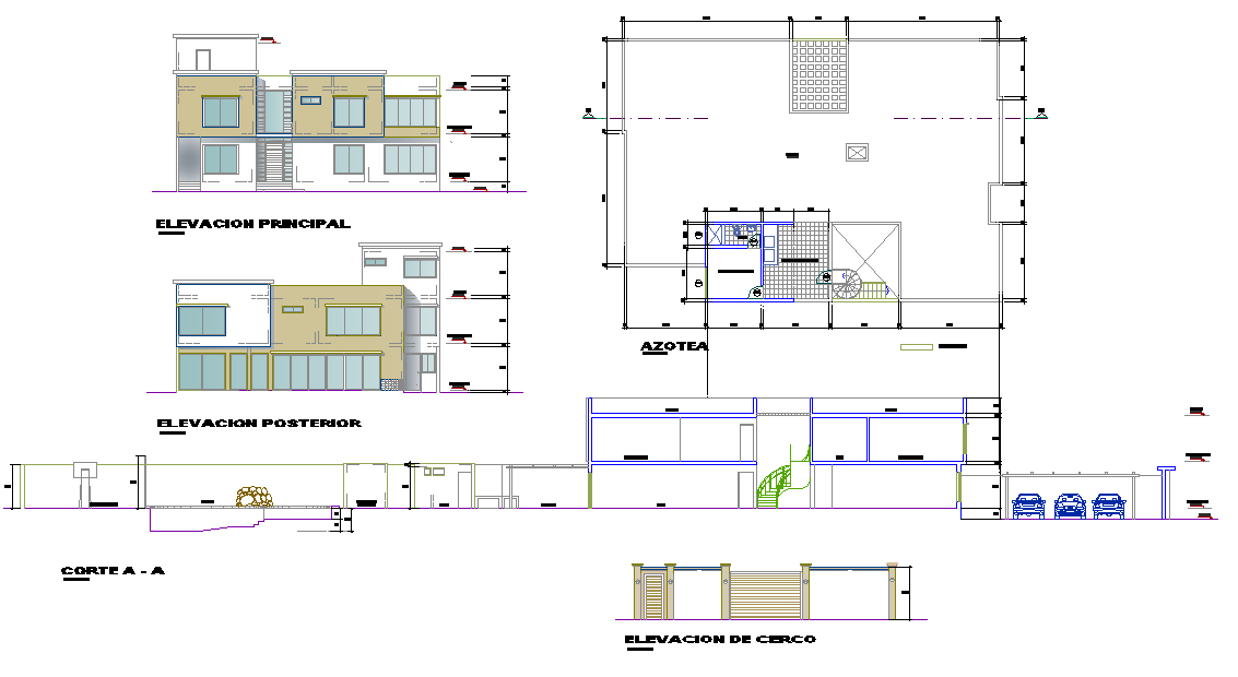 Plan, elevation and section home plan layout file