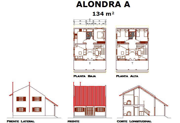 Plan, elevation and section house plan detail dwg file