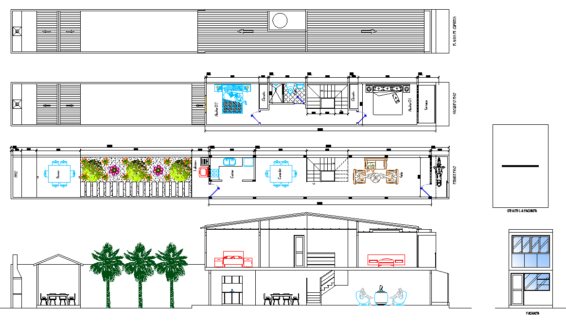 Plan and elevation little lot house autocad file