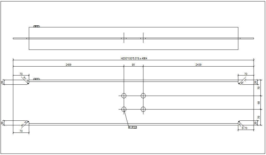 Plan and elevation view of single part beam view dwg file