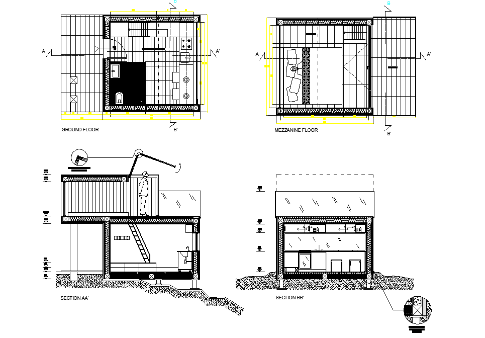Plan and section camping cabin autocad file