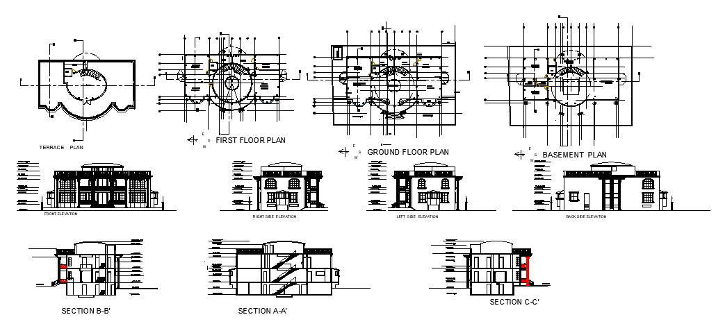 Plan of Bungalow with different section and elevation in dwg file