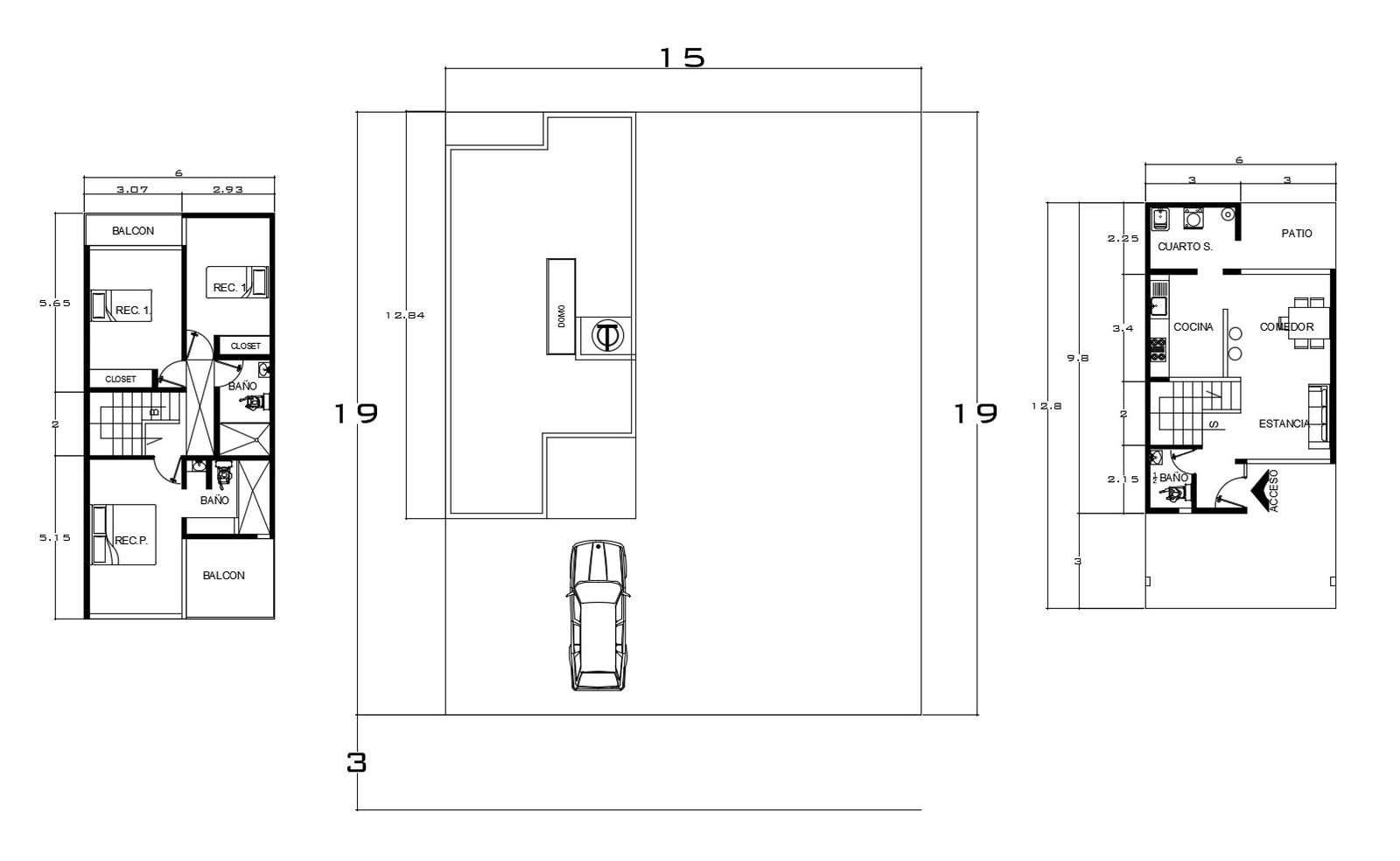 Plan of house 15mtr  x 19mtr with detail dimension in autocad