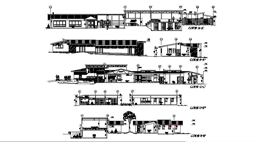 Plan of the hotel with different section and elevation in dwg file