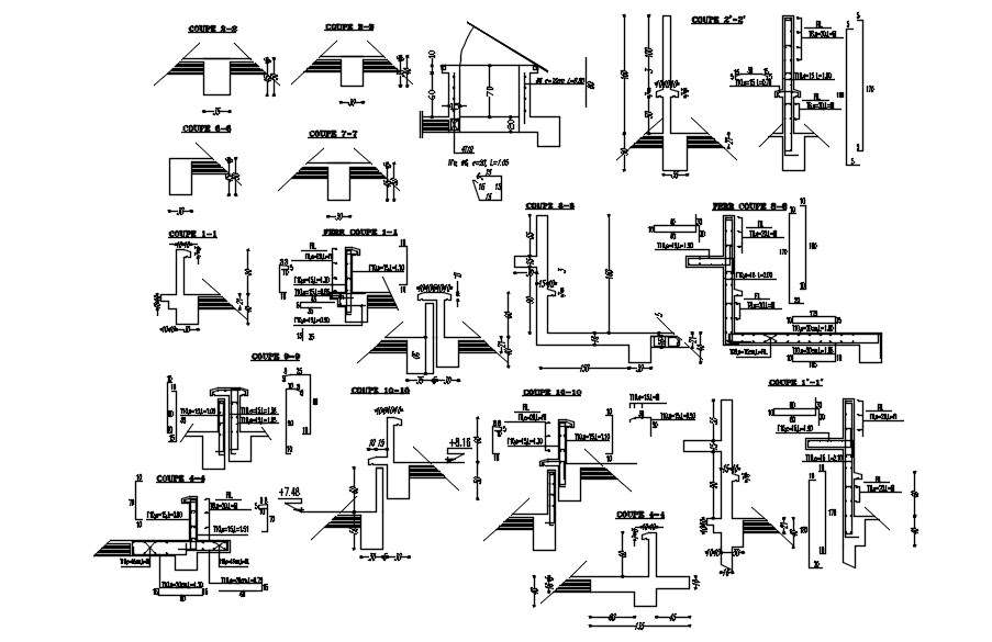 Plan design details for a steel batten component in an AutoCAD 2D plan drawing and a section plan employing dimension information, CAD file, dwg file