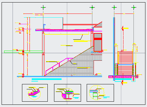 Plane and details in staircase design drawing