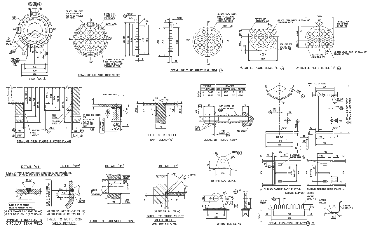 Plan elevation and section detail of joint of TUBE SHEET DWG AutoCAD drawing