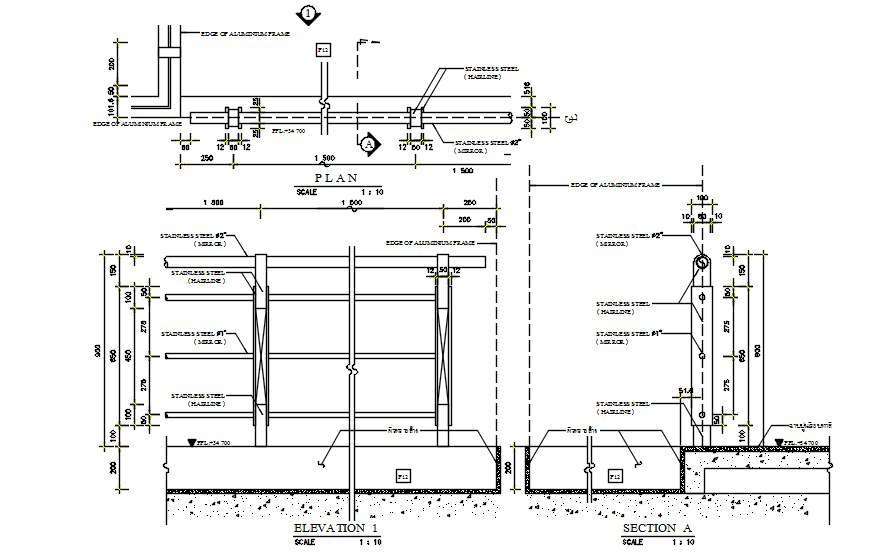 Plan, elevation and section of the balustrade were given in the autocad 2D drawing file.    Download the Autocad DWG drawing file.