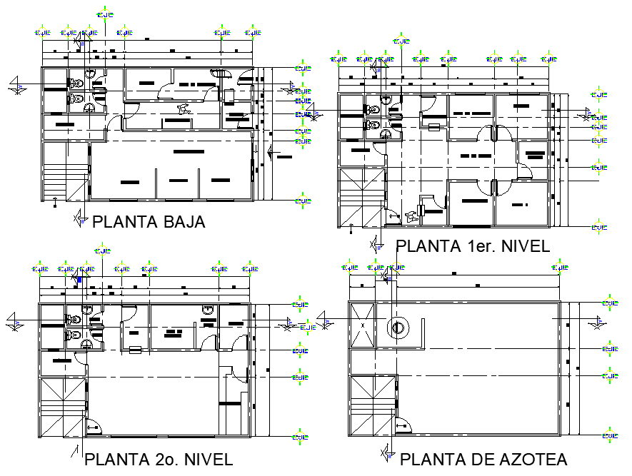 Planning Building of three levels plan detail dwg file