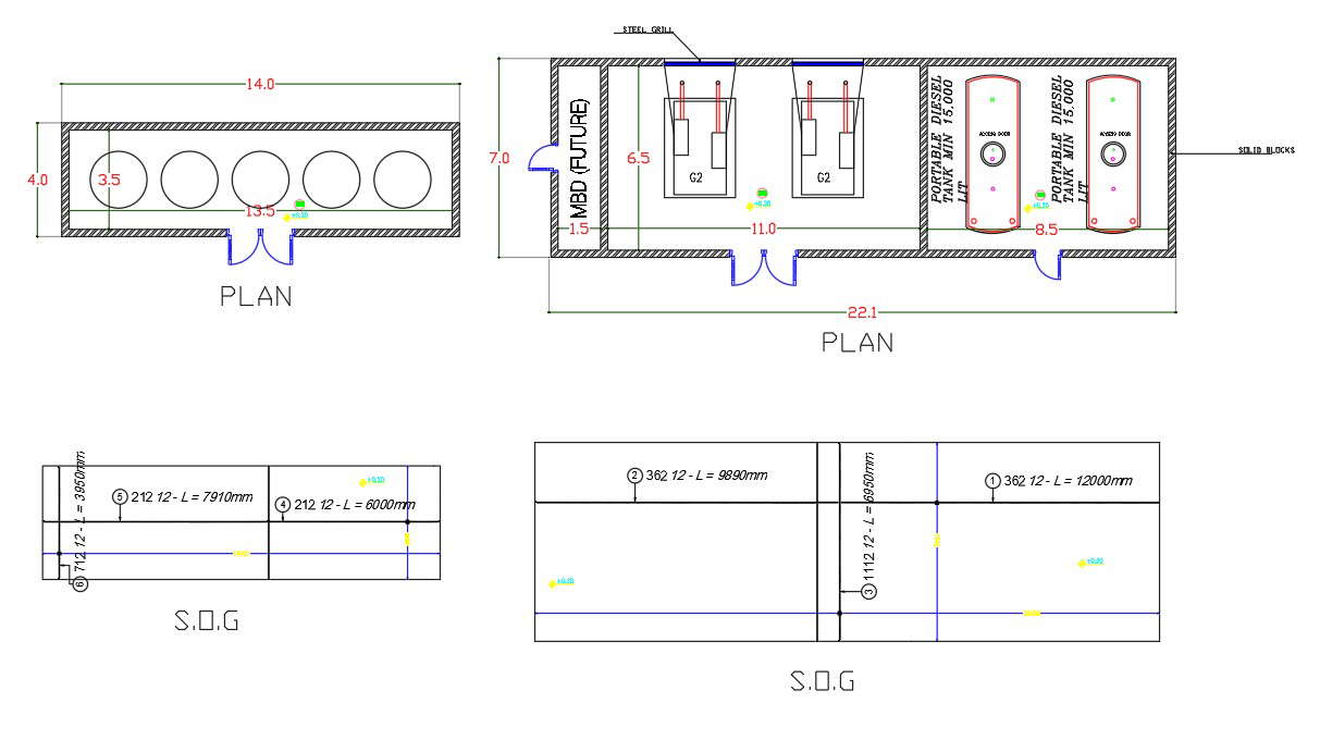 Plan of SOG of  Water Station and SOG of Generator and tanks are given in 2D Autocad DWG drawing file.   Download the Autocad 2D DWG file.