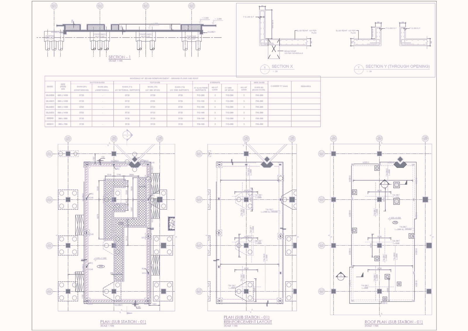 Plan, reinforcement layout , roof plan , section and sections through openings in 1:100 Scale of sub station 01 dwg autocad drawing. 