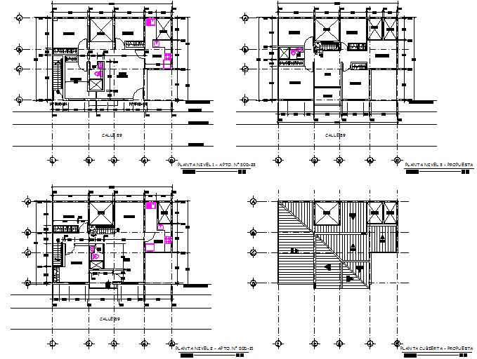 Plants and facades of multi family housing detail dwg file