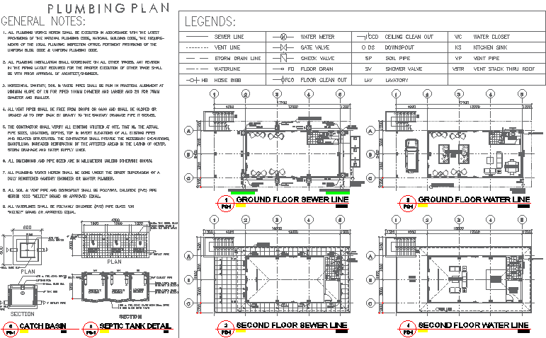 Plumbing plan for two floor building with detail and legend AutoCAD DWG drawing 