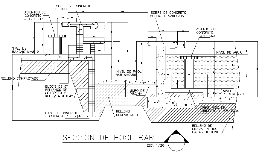 Pool bar section detail dwg file