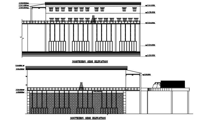 Power House plan elevations are given in this Autocad drawing file. Download the 2D Autocad DWG drawing file.