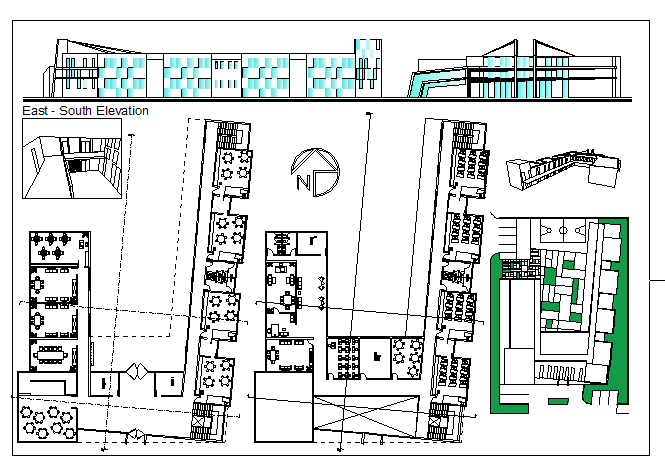 Primary school elevation, floor plan and landscaping details dwg file 