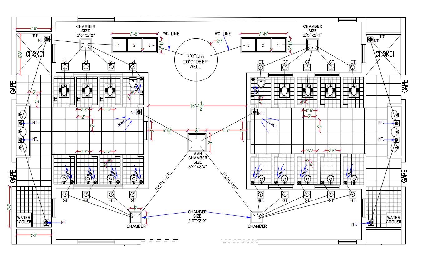 Public Toilet Drainage Line With Chamber CAD Drawing