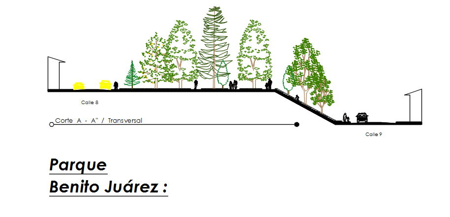Public garden area with elevation detail dwg file