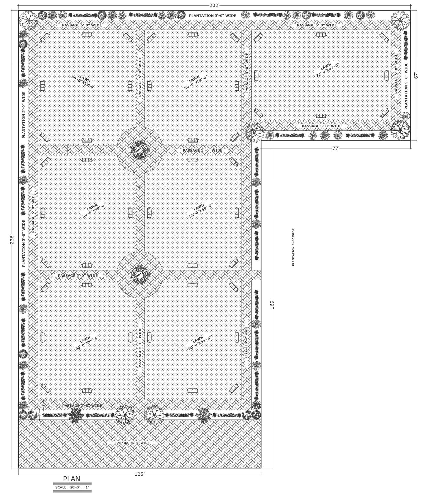 Public Park Layout with Twin Fountains DWG CAD Drawing