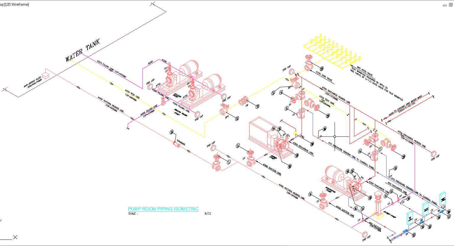 Pump room piping layout plan is given in AutoCAD 2D drawing, CAD file, dwg file