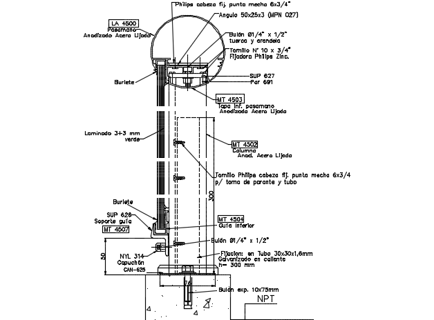 Railing vertical section plan detail dwg file
