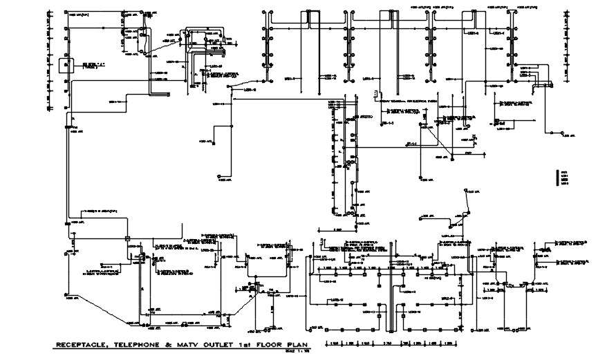 Receptacle, telephone, and MA tv outlet diagram typical section details are given in this AutoCAD DWG drawing. Download the AutoCAD 2D DWG file.