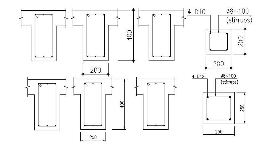 Reinforcement and stirrups details in AutoCAD 2D drawing, CAD file, dwg file