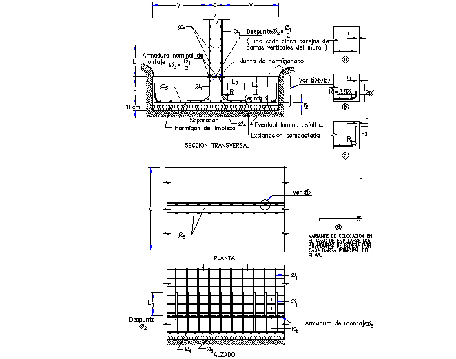 Reinforcements for foundations detail dwg file