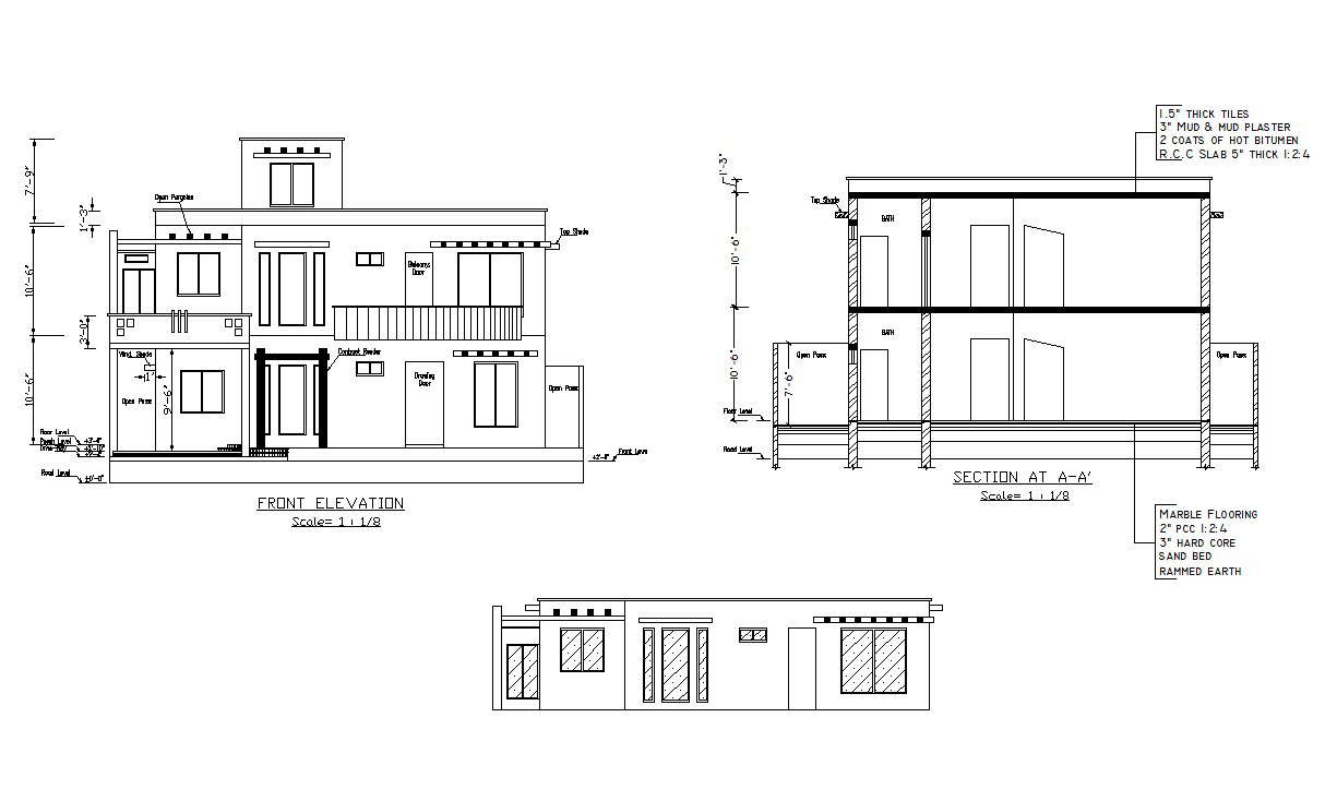 Residential bungalow elevations in autocad