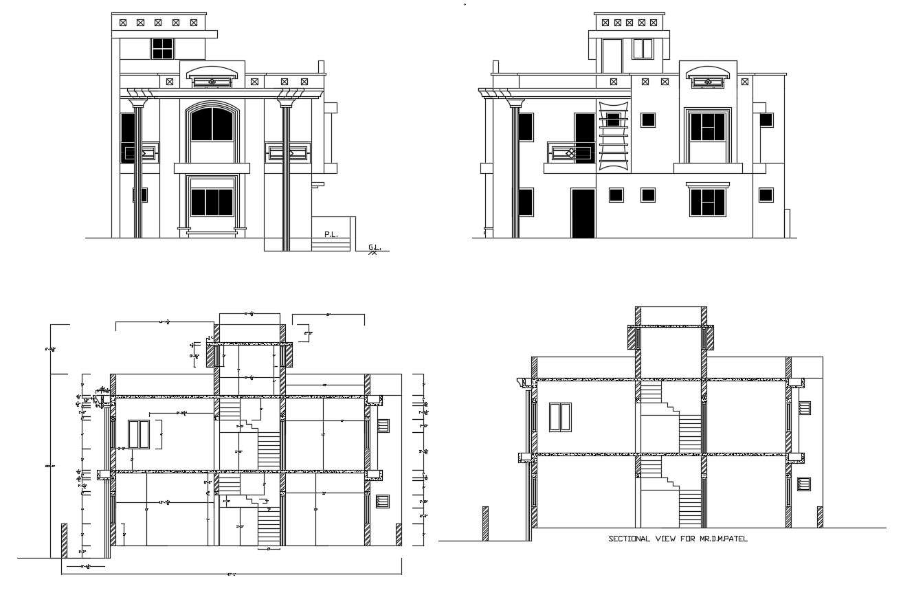 Residential bungalow elevations in dwg file