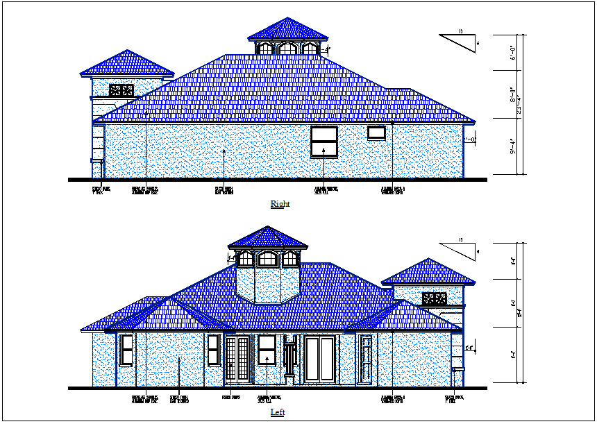 Residential house front and rear elevation view detail dwg file