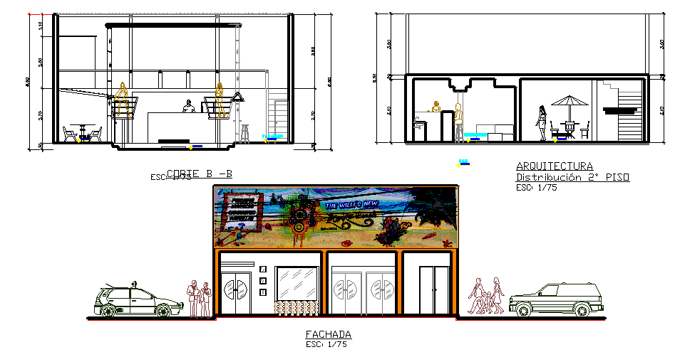 Restaurant  elevation layout plan dwg file