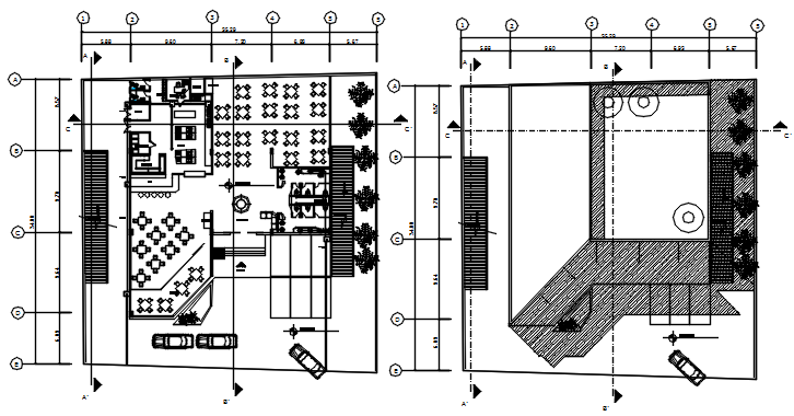 Restaurant plan with furniture details in dwg file 