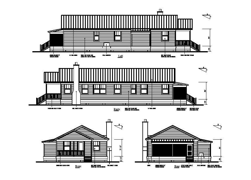 Right, left, front and rear elevation details of one family house dwg file