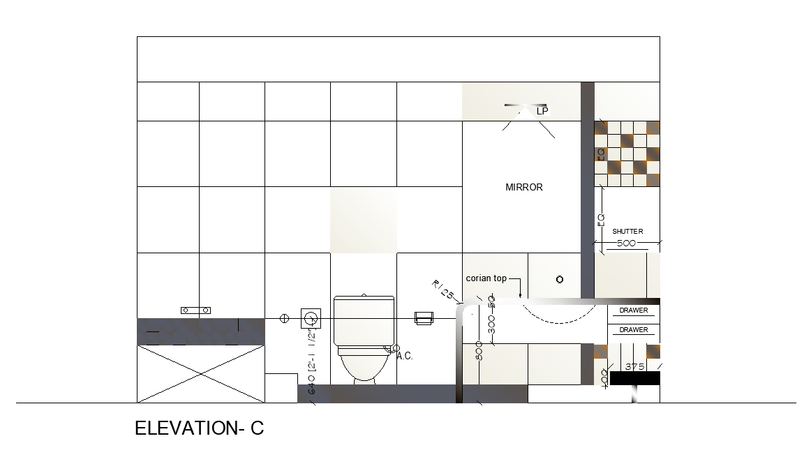 Right side elevation view of 12’x14’ bathroom building is given in this AutoCAD drawing model. Download the Autocad model.