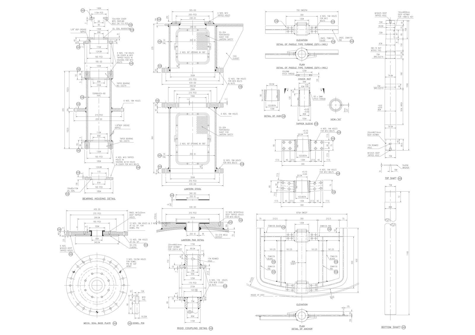 Rigid coupling detail lantern detail Paddle type Turbine detail and detail of Anchor with section DWG AutoCAD file