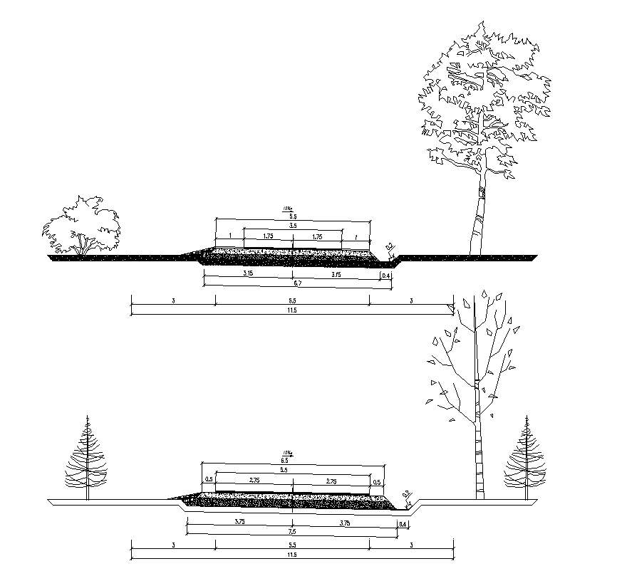 Road embankment cross-section detail 2d view layout file