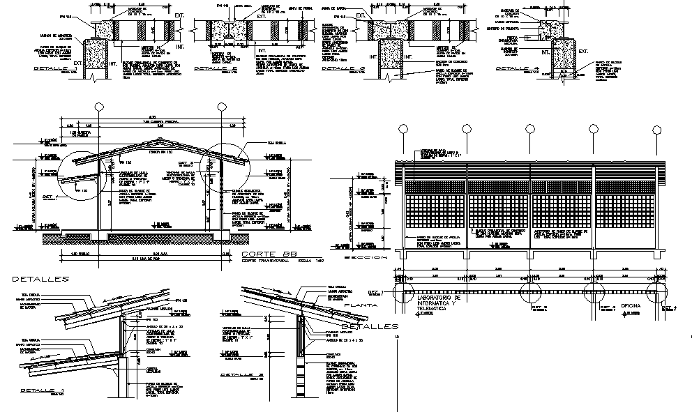 Roof elevation and section working plan detail dwg file