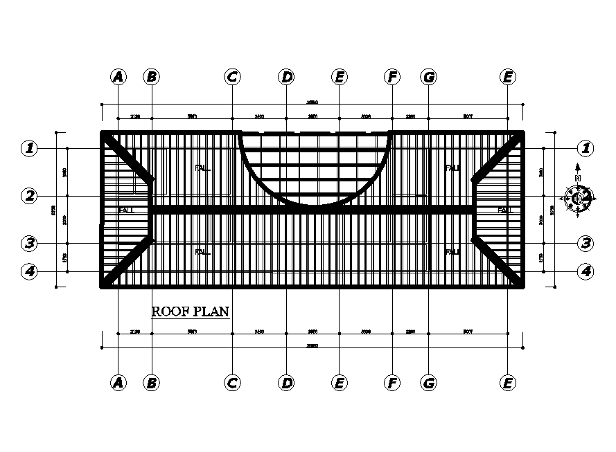 Roof plan of 25x39m shopping complex plan is given in this Autocad drawing file.  Download now.