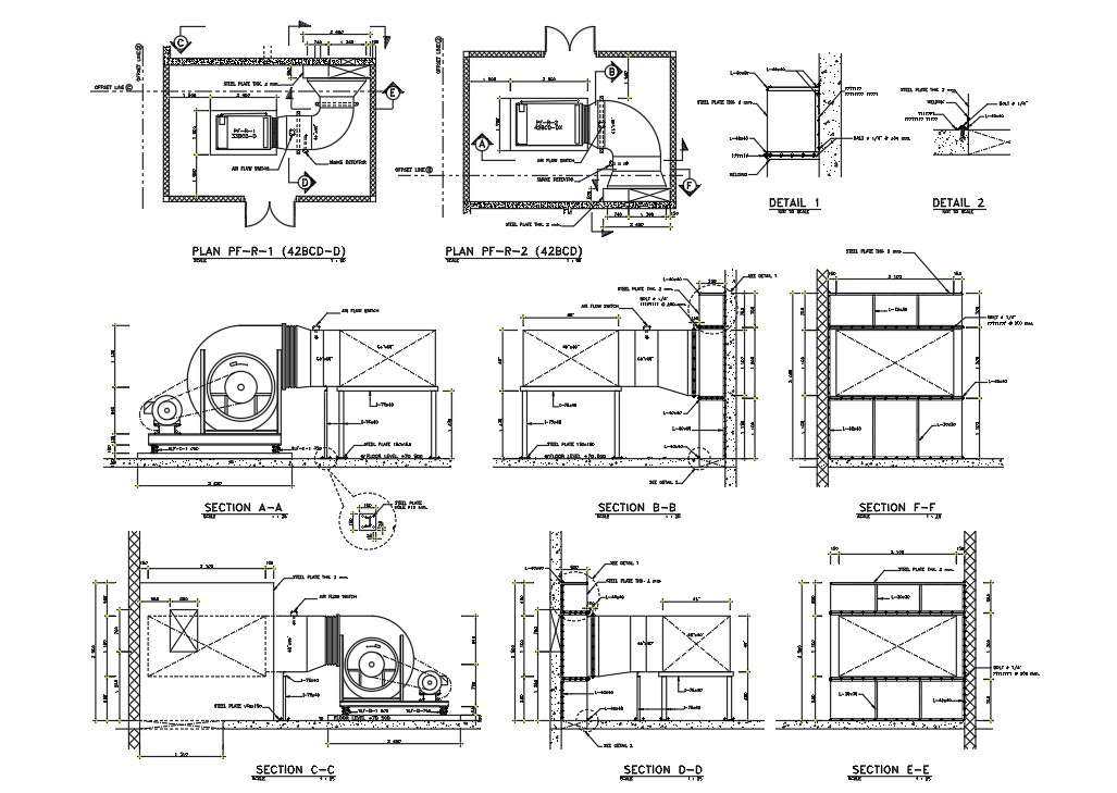 Roof plan of pressurisation fan details of hospital building is given in the autocad DWG drawing file.  Download the Autocad DWG drawing file.