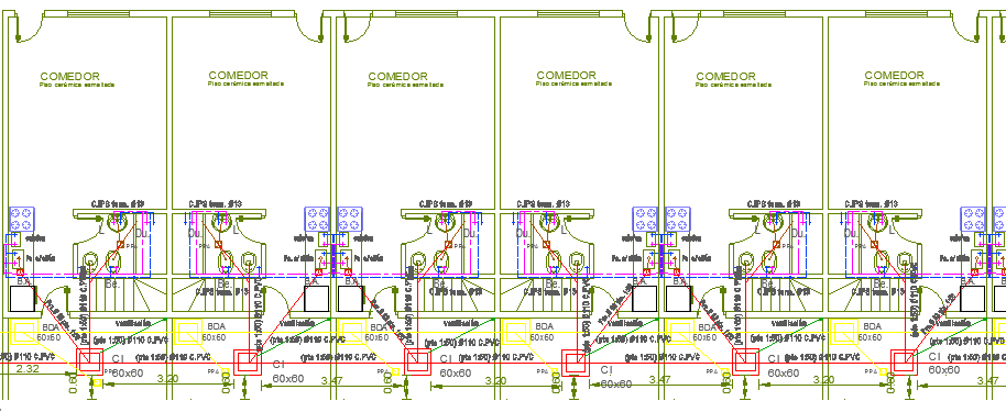 Sanitary installation of eight units group habitation dwg file