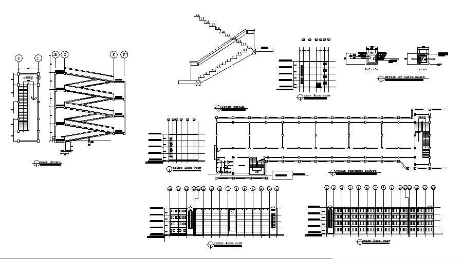 School building elevation, section, staircase, basement floor layout and auto-cad details dwg file