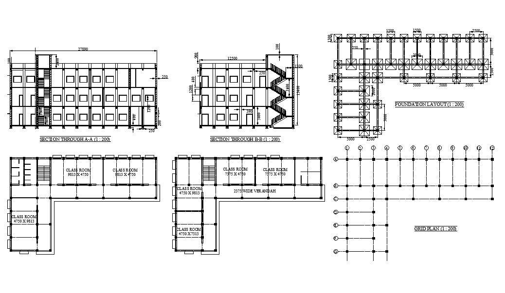 School building section, foundation plan, floor plan and grid plan details dwg file